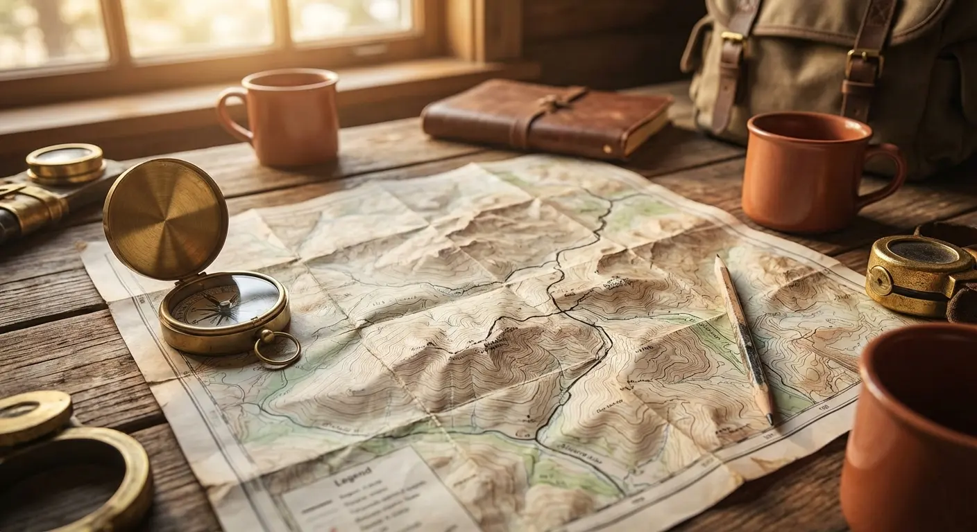 Topographic trail map with compass for bikepacking trip planning