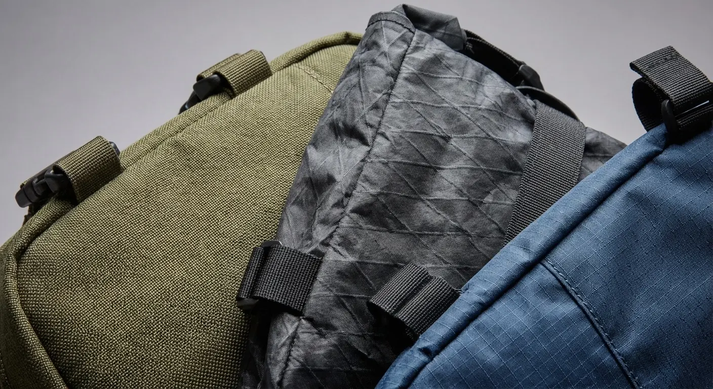 Close-up of bikepacking bag fabric showing different material textures and construction