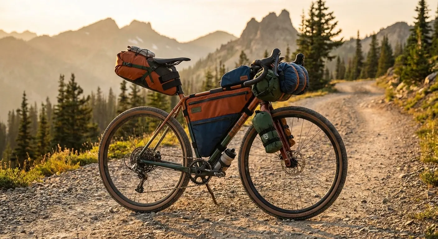 Bikepacking bike with frame bag, saddle bag, and handlebar bag loaded for adventure on a gravel trail