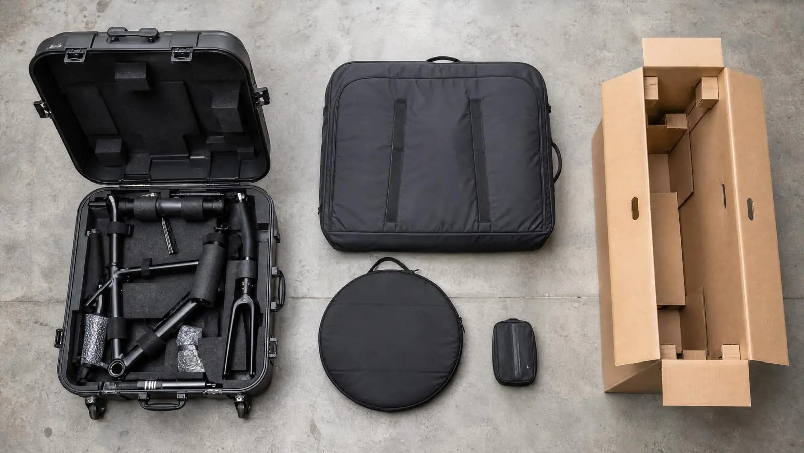 Overhead view of a hard-shell bike case, a padded soft bike bag and a cardboard bike box laid out side by side on a garage floor