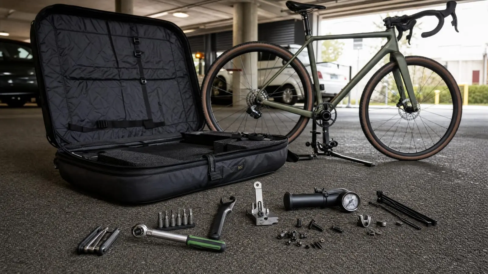 A bike travel tool kit laid out on asphalt beside an open bike case in an airport parking garage - torque wrench, pedal wrench, hanger alignment gauge and a mini pump with a gauge