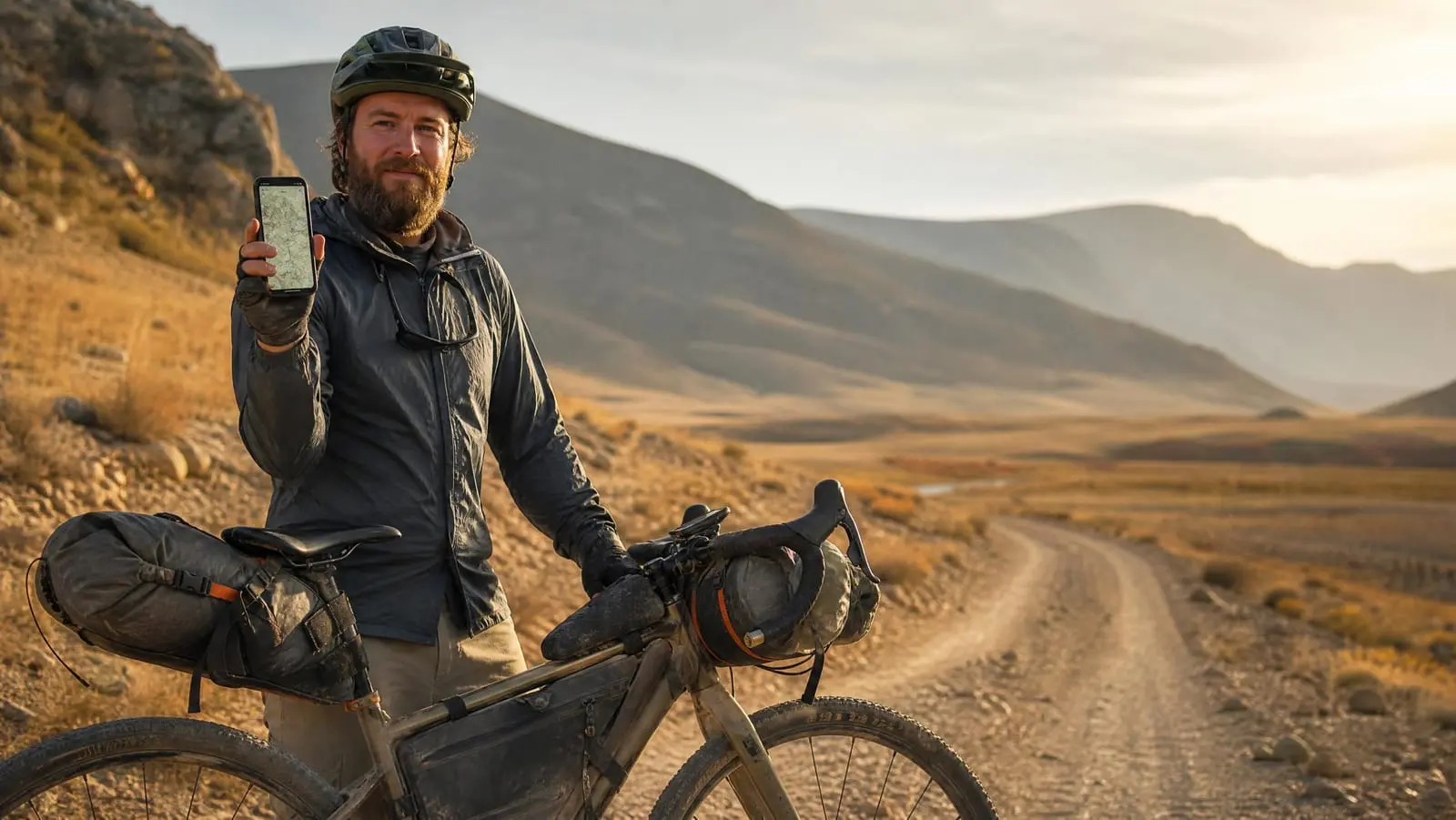 A bikepacker beside a loaded gravel bike on a remote unpaved mountain road, holding up a phone showing a downloaded topographic map with no cell service in sight