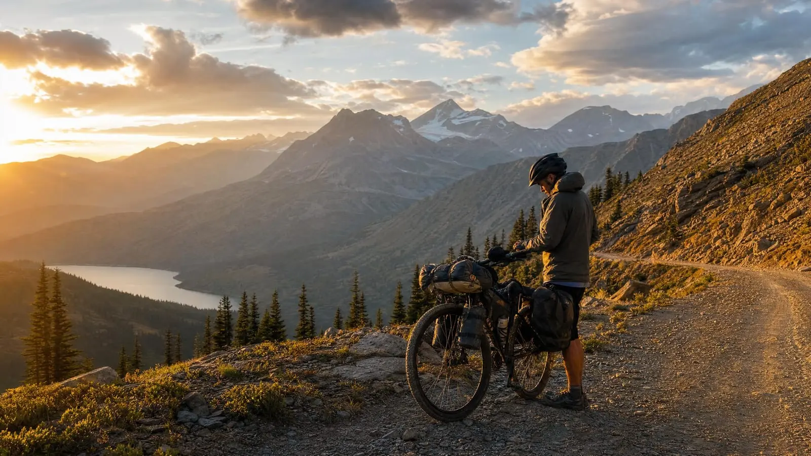 Bikepacker with a loaded bike pausing on a remote mountain road at golden hour