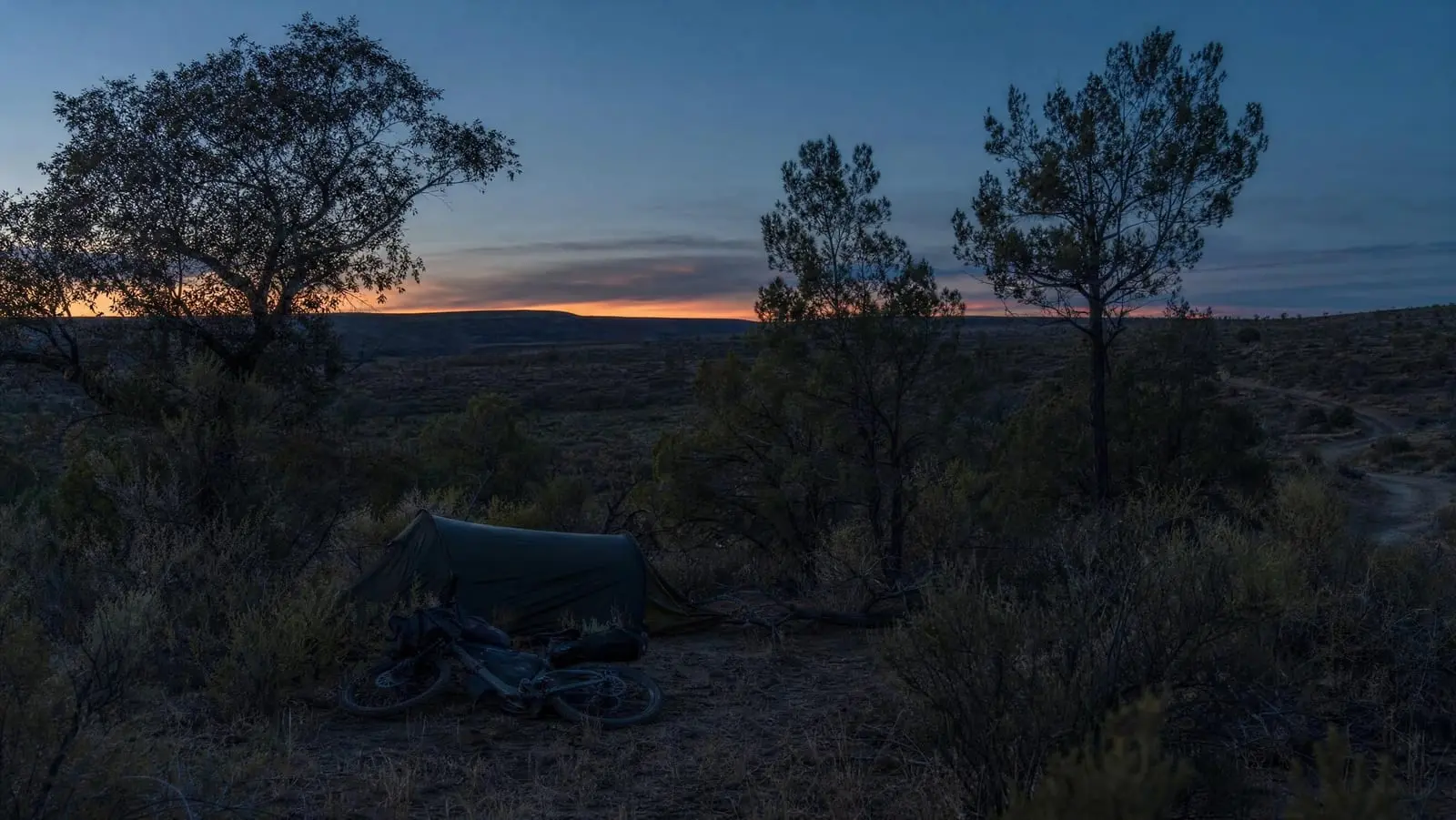 Small low-profile tent pitched out of sight behind brush at dusk with a loaded bikepacking bike laid flat on the ground beside it