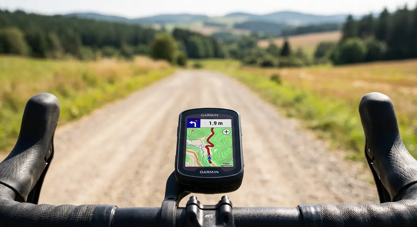 Garmin cycling computer mounted on handlebars showing navigation map on a gravel road