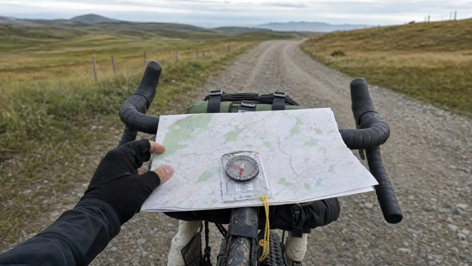 A folded paper topographic map and a clear baseplate compass laid across the top tube of a loaded gravel bike, a gloved hand holding the map corner flat against the wind