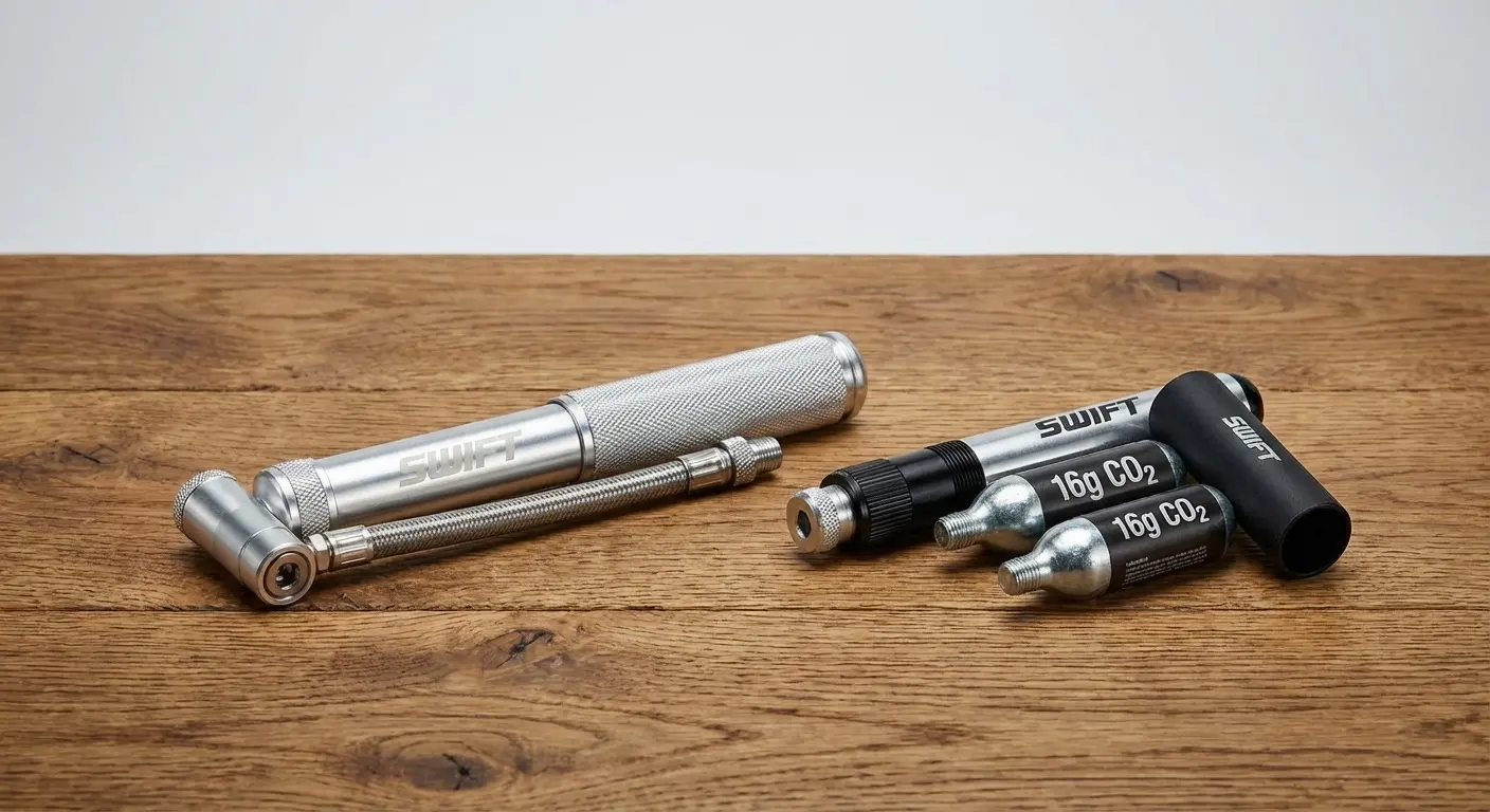 Mini bike pump and CO2 inflator side by side with bikepacking gear