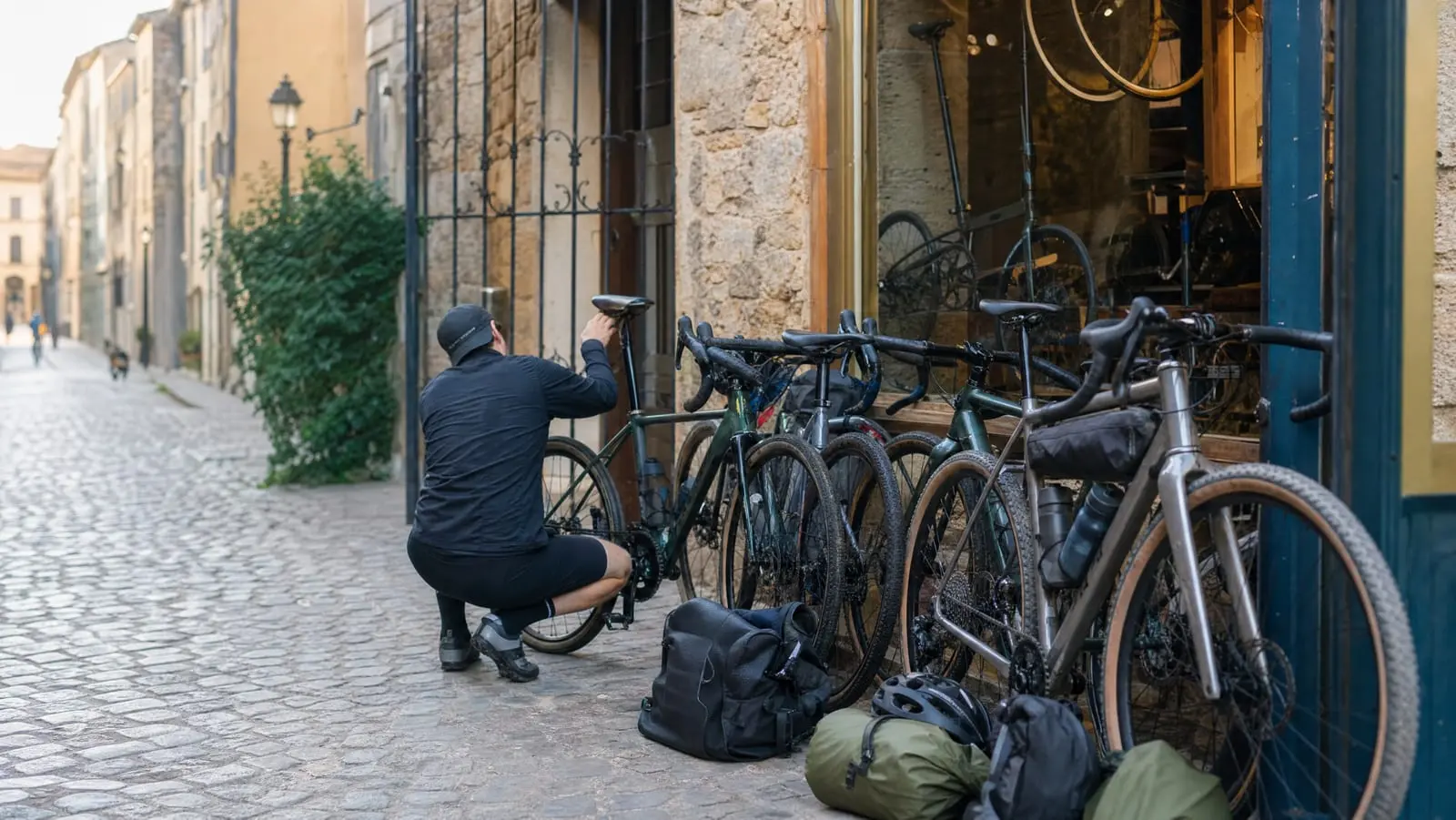 A traveler crouching to check the saddle height on a rental touring bike outside a small European bike shop