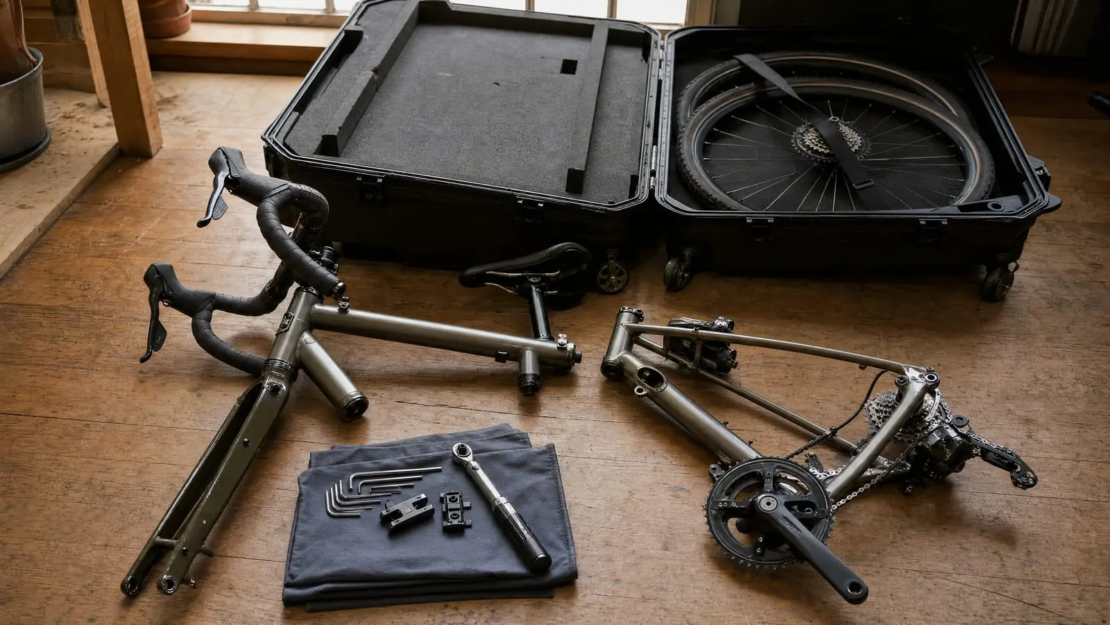 A steel touring bicycle split at its frame couplings on a workshop floor beside an open hard-shell travel case